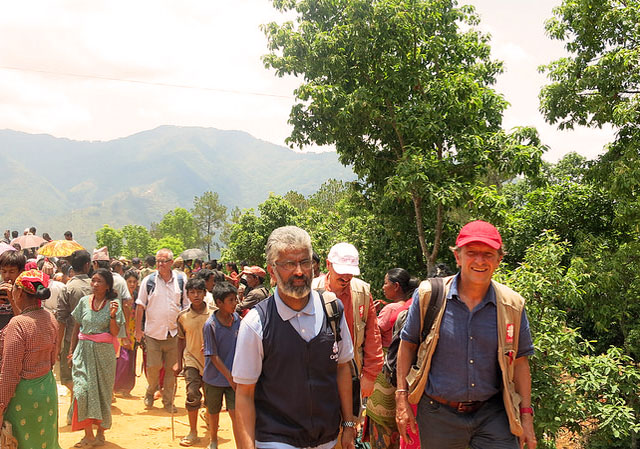Caritas Nepal director Fr Pius Perumana took part in an aid distribution in Sindhupalchok to earthquake survivors. Photo by Caritas Nepal