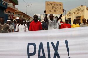 Traders demonstrate near the presidential palace in Bangui January 5, 2013. Credits: REUTERS/Luc Gnago courtesy of AlertNet.org
