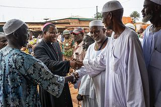 Msgr Dieudonné Nzapalainga meets with Muslim community leaders. Credit Sam Phelps/CRS