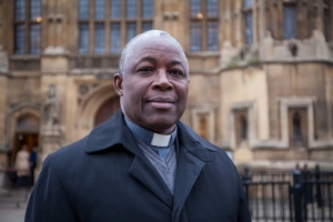 Archbishop Edward Thamba Charles of Freetown, the most senior Catholic cleric in Sierra Leone, outside Westminister before speaking to UK lawmakers on Ebola. Credit: Cafod