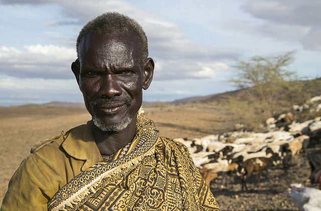 Erro Ekuwom seeks pasture for his goats during a massive drought that’s killed crops and livestock across East Africa. Photo by Nancy McNally/CRS